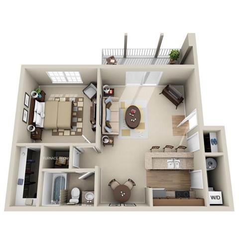 Floor plan for 1 bed, 1 bath, 725 sqft